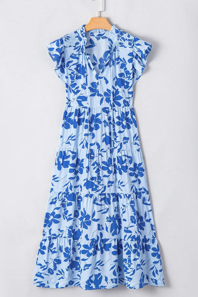 Midi jurk met bloemenprint gelaagde rok en speelse franjemouwen