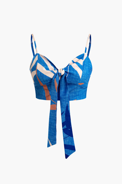 Tweedelige set met cropped top met strikbandjes en wijde broek met bamboebladerenprint