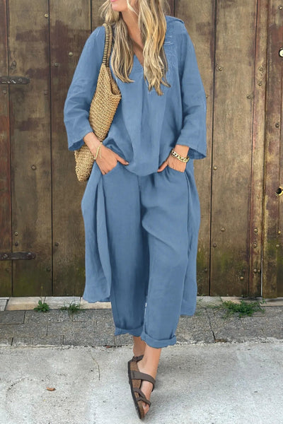 Luchtig damespak met lange blouse en losse broek voor een stijlvolle zomerse uitstraling