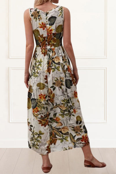 Lange damesjurk met bloemenprint ronde hals en mouwloos ontwerp