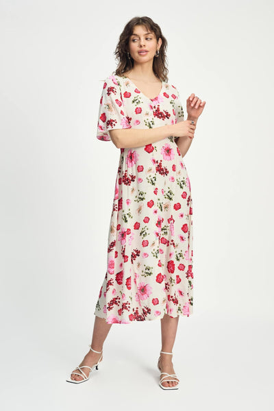 Elegante midi damesjurk met bloemenprint knopen en korte mouwen