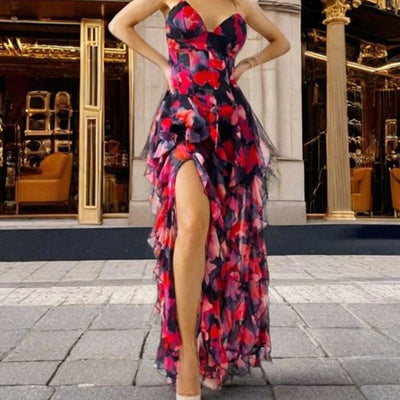 Zomerse maxi jurk met bloemenpatroon ruches en fijne bandjes voor een speelse look