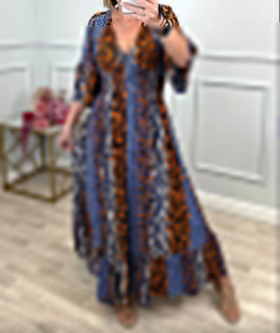 Lange casual damesjurk met print korte mouwen en moderne halslijn
