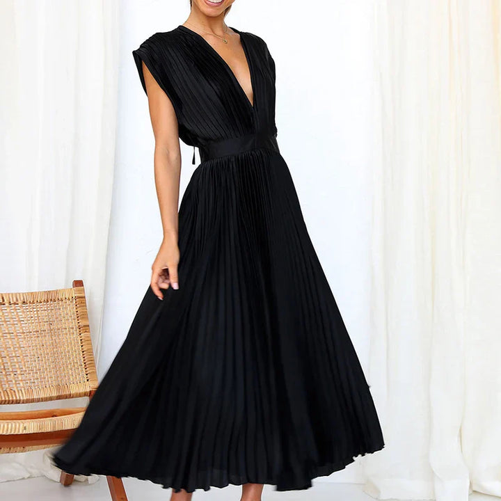 Elegante midi jurk met plooien v hals en korte mouwen