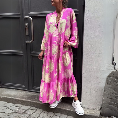 Lange damesjurk met wijde pasvorm en lange mouwen in boho stijl