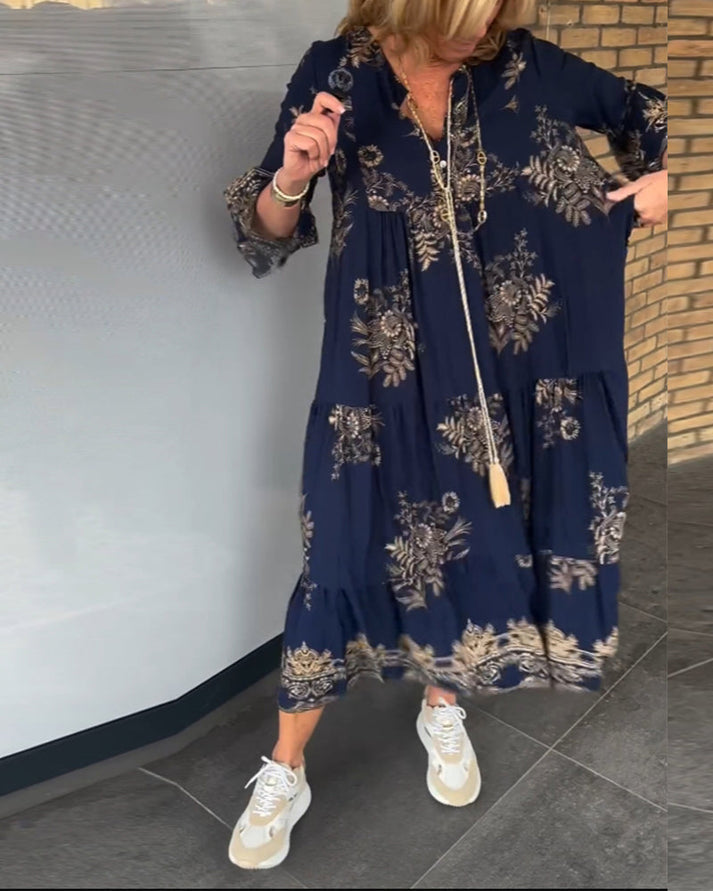 Vintage dames maxi jurk met V-hals en losvallend silhouet