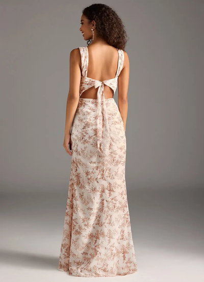 Elegante maxi jurk met vierkante halslijn en bladerenprint