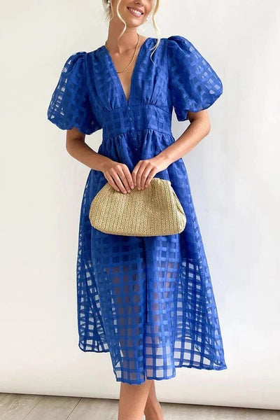Nicole - Midi jurk met vierkante print en mouwen met ruches by Beauty