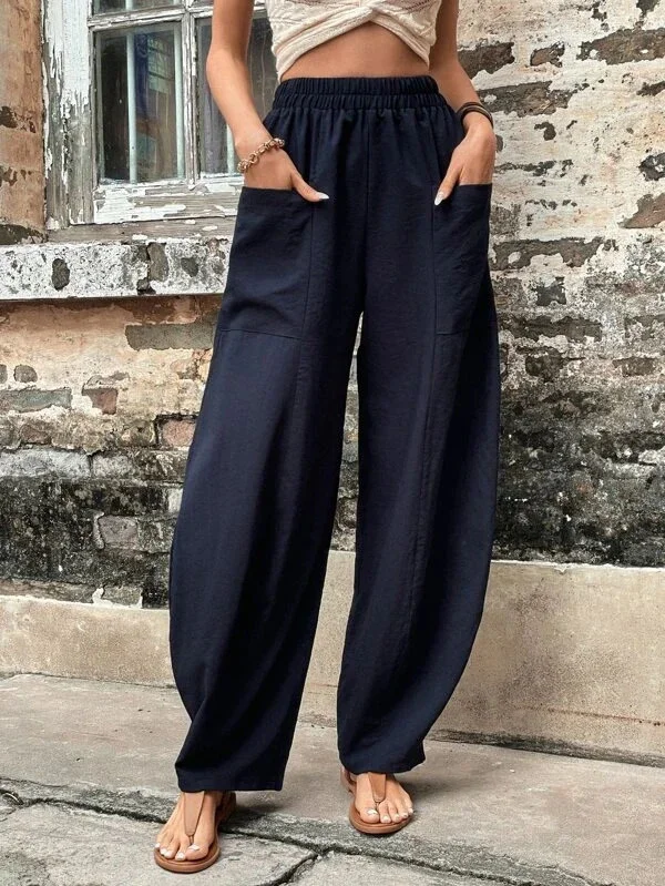 Malena damesbroek oversized, elastische zakken, eenkleurig, losse broek