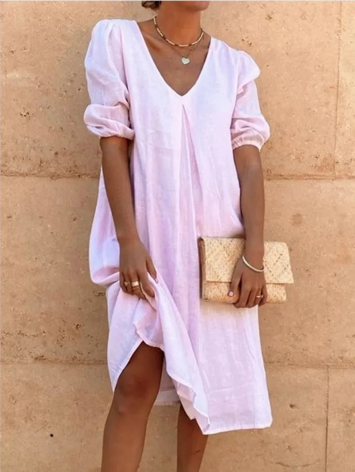 Sara - V-hals Casual Linnen Shift Dress