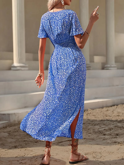Korte jurk met splitten en bloemenpatroon, elegante midi-jurk met korte mouwen voor lente en zomer, boho-jurk voor vrouwen