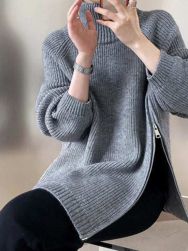 Vrouwen Zipper Hoge Hals Trui met Lange Mouwen en Loose Fit
