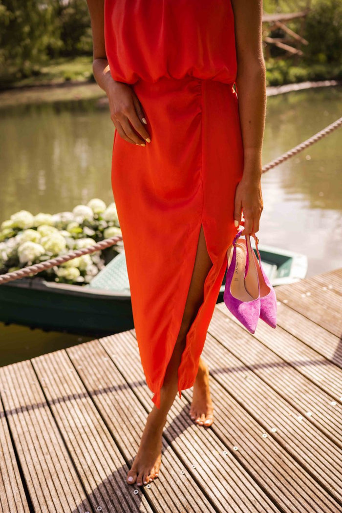 Elegante midi jurk zonder mouwen met ronde halslijn