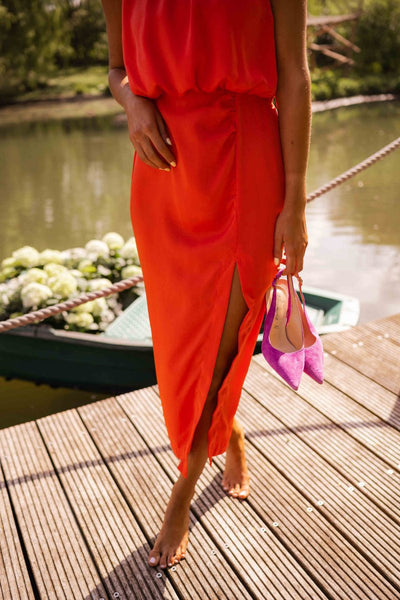 Elegante midi jurk zonder mouwen met ronde halslijn
