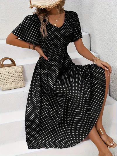 Carolina - Allover Print Shirred Waist Dress, Casual Jurk met Korte Mouwen