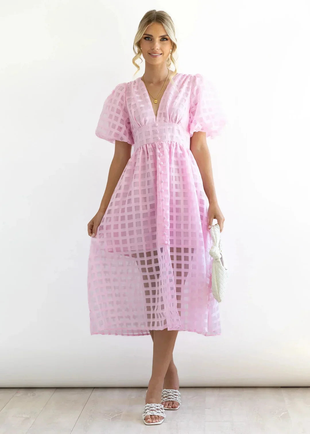 Nicole - Midi jurk met vierkante print en mouwen met ruches by Beauty