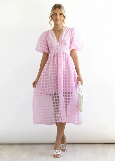 Nicole - Midi jurk met vierkante print en mouwen met ruches by Beauty