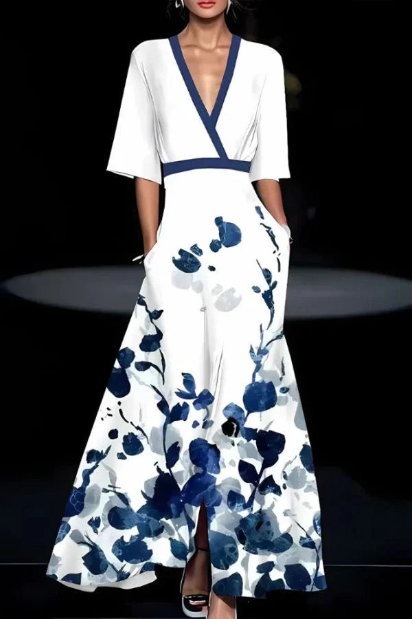 Lang dames maxi jurk met ceintuur en korte mouwen