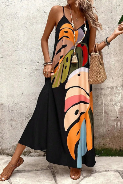 Zomerse maxi jurk met bladerenmotief en V-hals