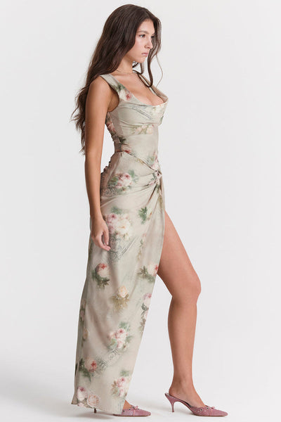 Vintage set met bloemenprint bestaande uit top met vetersluiting en lange rok