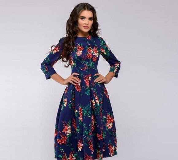 Elegante dames A-lijn jurk met print en driekwart mouwen