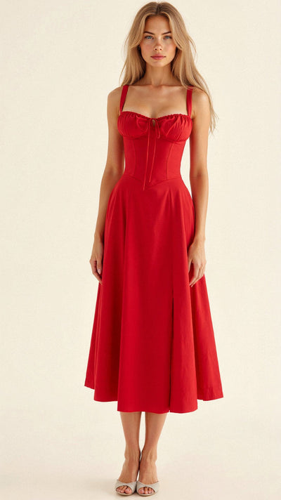 Elegante midi jurk met corset look en stijlvolle uitstraling