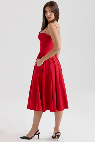 Midi jurk met corsetlook en fijne bandjes