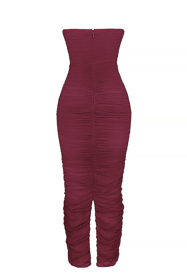 Strapless maxi jurk met speelse ruches en zwierige uitstraling