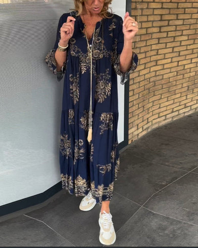 Vintage dames maxi jurk met V-hals en losvallend silhouet