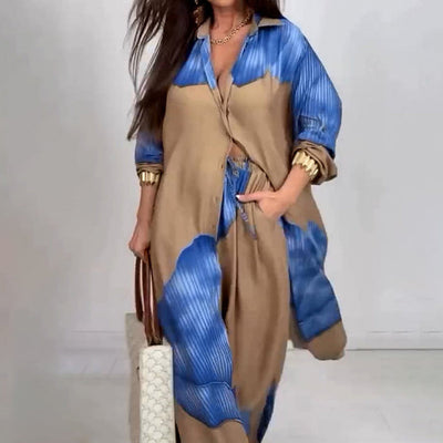 Set met lange blouse en broek met volledige knoopsluiting