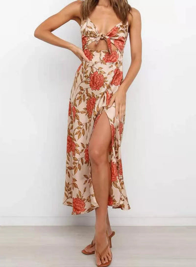 Zomerse damesjurk met open rug V-hals en bloemenprint