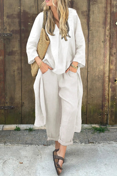 Luchtig damespak met lange blouse en losse broek voor een stijlvolle zomerse uitstraling