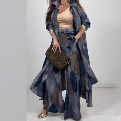Tweedelige dames set met geprinte blouse met lange mouwen en wijde broek