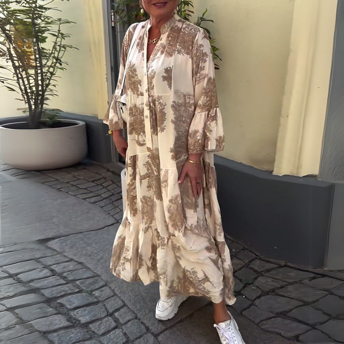 Lange damesjurk met wijde pasvorm en lange mouwen in boho stijl