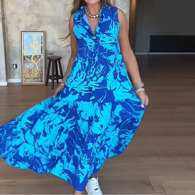 Zomerse maxi jurk zonder mouwen met knoopdetail en omslag