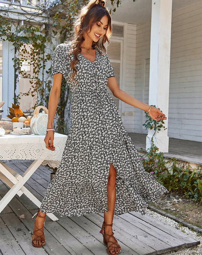 Bohemian lange damesjurk met bloemenprint V-hals en korte mouwen voor casual momenten