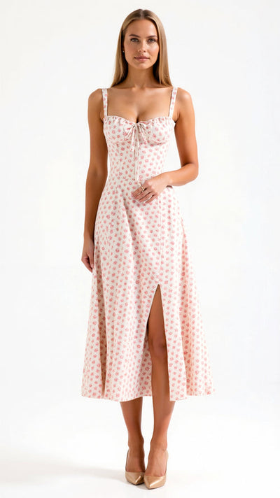 Elegante midi jurk zonder mouwen met bloemenmotief