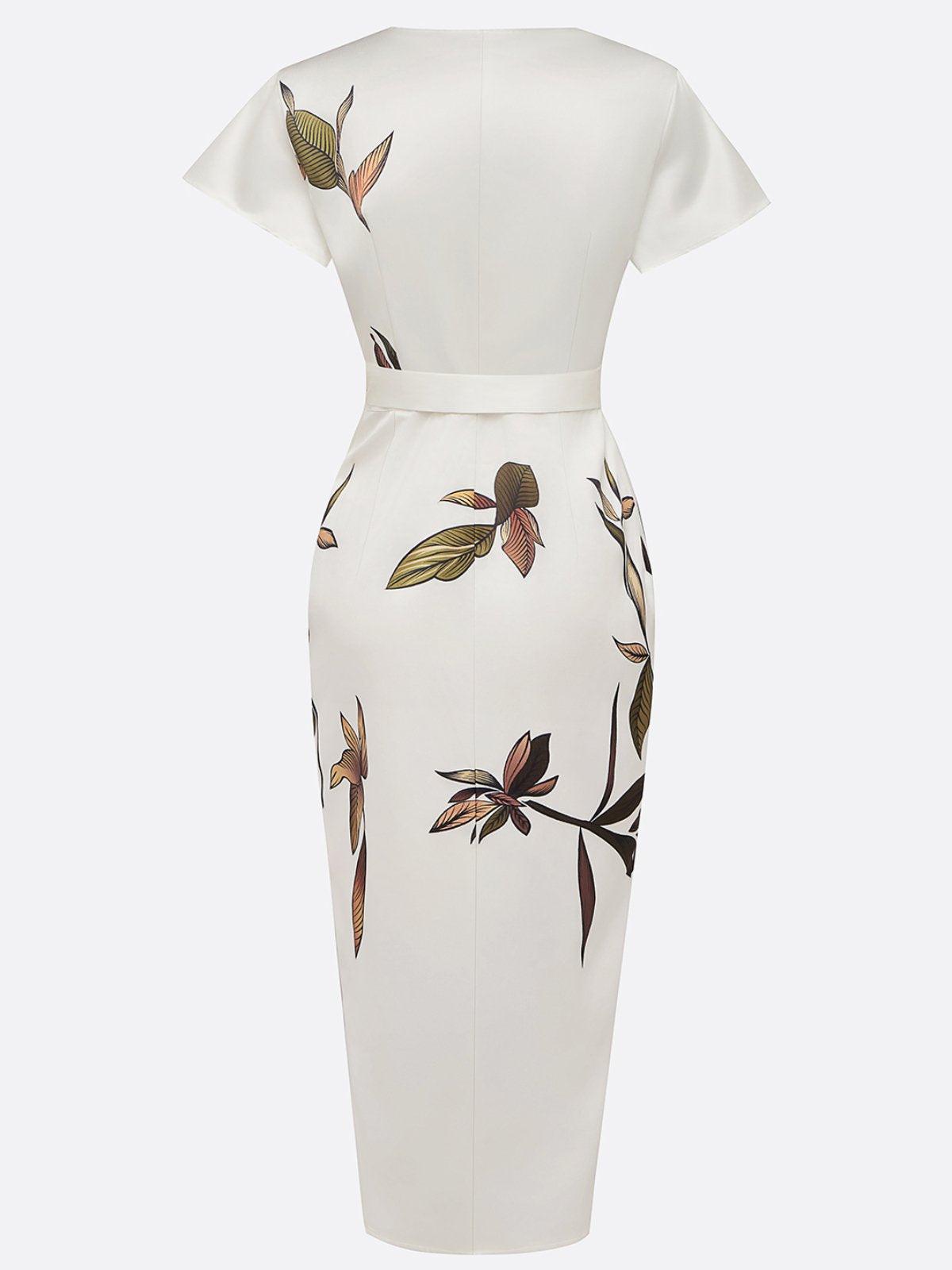 Elegante midi overslagjurk met bladprint v hals en korte mouwen