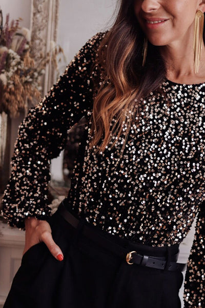 Elegante body met diepe V-hals, glinsterende accenten en pofmouwen