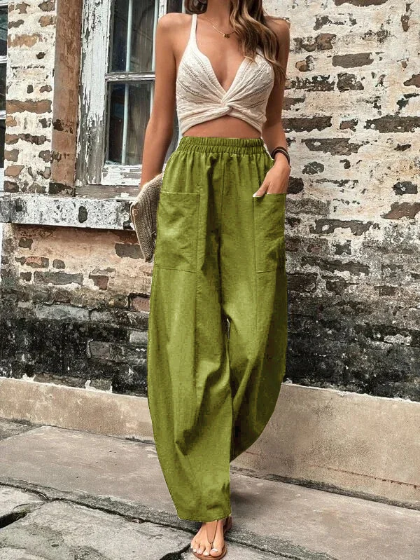 Malena damesbroek oversized, elastische zakken, eenkleurig, losse broek