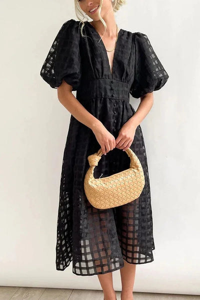 Nicole - Midi jurk met vierkante print en mouwen met ruches by Beauty