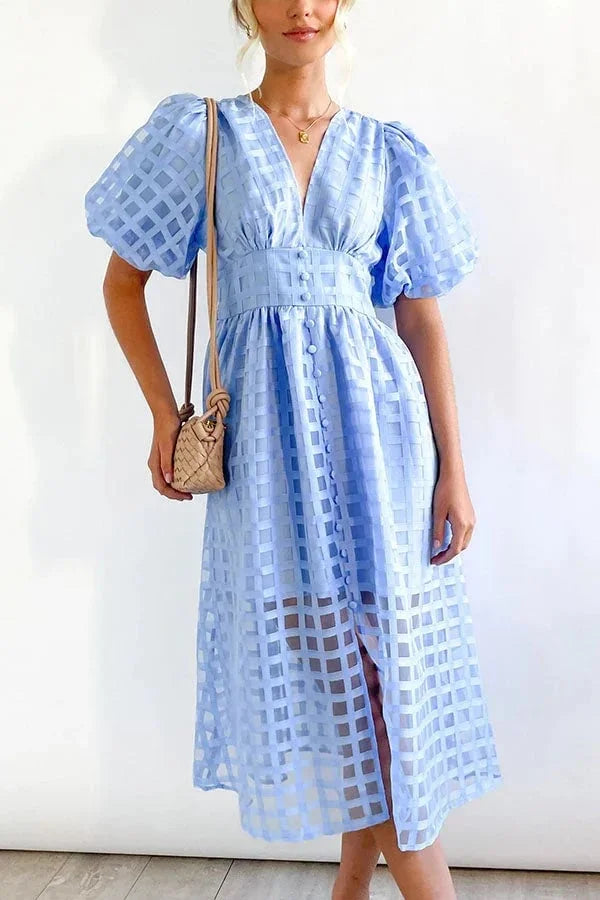 Nicole - Midi jurk met vierkante print en mouwen met ruches by Beauty
