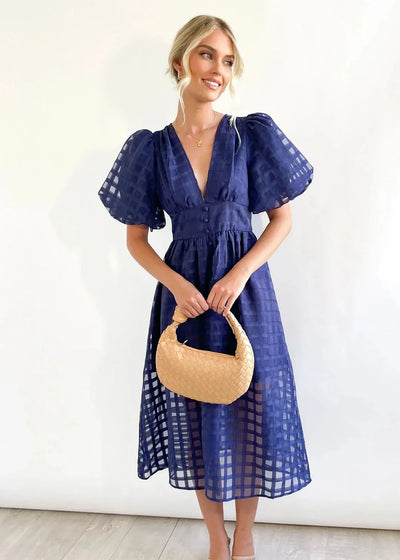 Nicole - Midi jurk met vierkante print en mouwen met ruches by Beauty