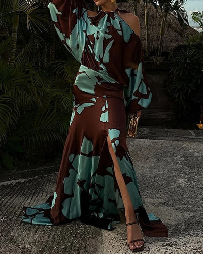 Elegante maxi jurk met print en lange mouwen in off shoulder stijl