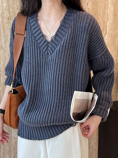 Dames Pullover met Lange Mouwen, Losse Pasvorm, Effen Kleur en V-Hals