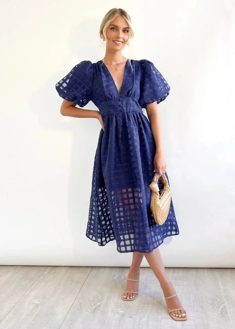 Nicole - Midi jurk met vierkante print en mouwen met ruches by Beauty