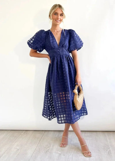 Nicole - Midi jurk met vierkante print en mouwen met ruches by Beauty