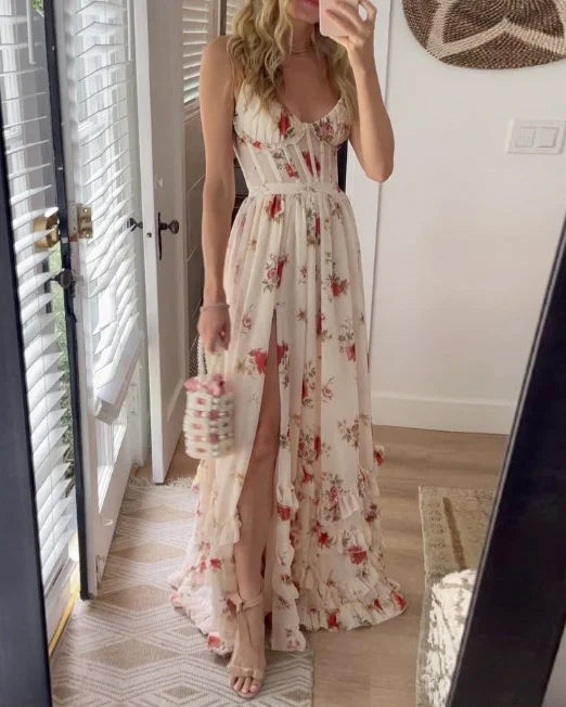 Elegante maxi jurk met subtiel bloemenpatroon en smalle bandjes