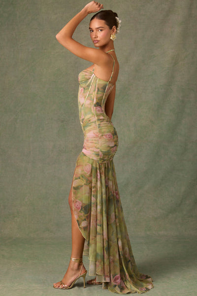 Asymmetrische maxi jurk met smalle bandjes en verfijnde print