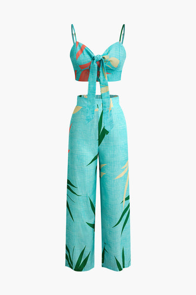 Tweedelige set met cropped top met strikbandjes en wijde broek met bamboebladerenprint